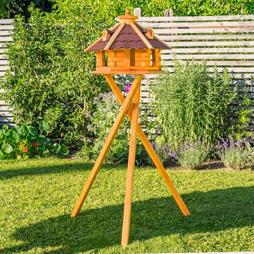 Vogelhaus von klein bis Riesig XXL Futterhaus Futterhäuschen Vogelvilla V18, Vogelfutterhaus aus Holz mit Solarbeleuchtung beleuchtet (Rot, mittel mit Ständer), Vogelfutterhaus mit Futtersilo, Silo von Deko-Shop-Hannusch