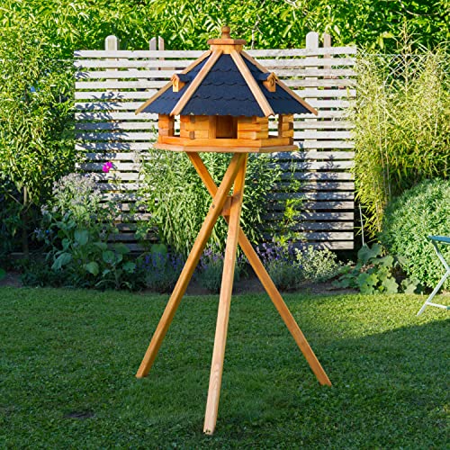 Vogelhaus von klein bis Riesig XXL Futterhaus Futterhäuschen Vogelvilla V18, Vogelfutterhaus aus Holz mit Solarbeleuchtung beleuchtet (Schwarz, XXL mit Ständer), mit Futtersilo, Silo von Deko-Shop-Hannusch