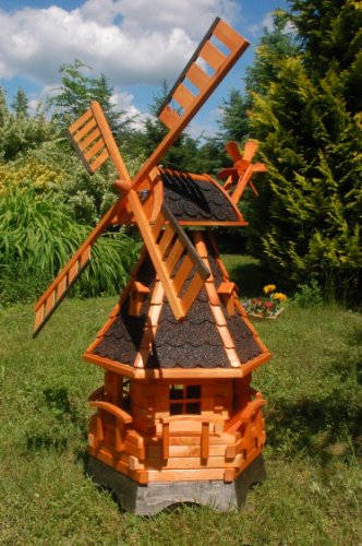 Windmühle aus Holz, kugelgelagert, 1,25 m, Bitum dunkel, mit extra Windrad hinten am Kopf, imprägniert, Kugellager einstellbar, Gartenwindmühle, Windmühlen von Deko-Shop-Hannusch