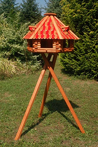 Deko-Shop-Hannusch XXL Luxus Vogelhaus mit Solarbeleuchtung absoluter Blickfang, Vogelfutterhaus aus Holz, V13 XXL mit Ständer, Farbe:Braun - Rot von Deko-Shop-Hannusch