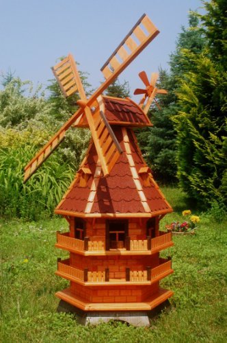 Deko-Shop-Hannusch XXL Windmühle, Gartenwindmühle, Windmühlen aus Holz, Beleuchtung Solar kugelgelagert 1,50m imprägniert (rot) von Deko-Shop-Hannusch