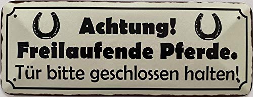 Deko7 Blechschild 27 x 10 cm Achtung ! Freilaufende Pferde - Tür Bitte geschlossen halten von Deko7