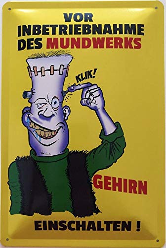 Deko7 Blechschild 30 x 20 cm Comic Spruch - Vor Inbetriebnahme des Mundwerks, Gehirn einschalten von Deko7