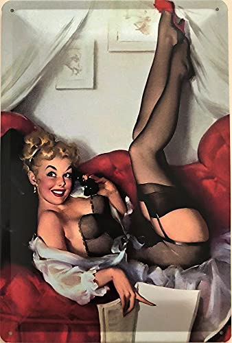 Deko7 Blechschild 30 x 20 cm Pin Up Girl - Telefoniert im Bett von Deko7