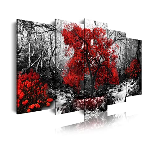 DekoArte 257 - Modernes Bild, digitalisierter Kunstdruck | Dekoratives Bild für den Salon oder das Schlafzimer | Stil Landschaft schwarz weiβ mit roten Bäumen Natur | 5 Teile 150x80 cm von DekoArte