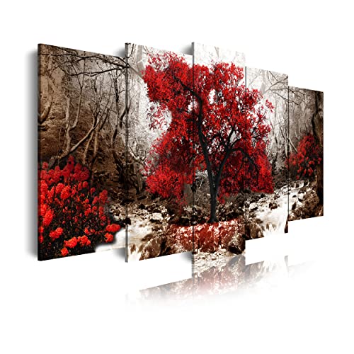 DekoArte 258 - Modernes Bild, digitalisierter Kunstdruck | Dekoratives Bild für den Salon oder das Schlafzimer | Stil Landschaft Ockerfarbener Hintergrund rote Bäume Natur | 5 Teile 150 x 80 cm von DekoArte