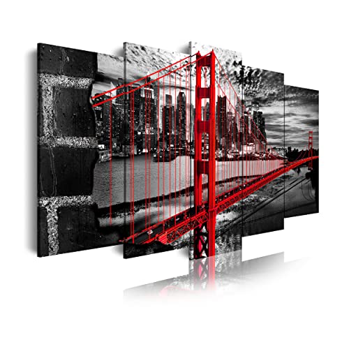 DekoArte 277 - Modernes Bild, digitalisierter Kunstdruck | Dekoratives Bild für den Salon oder das Schlafzimer | Stil Städte USA Golden Gate Bridge schwarz weiβ rot | 5 Teile 150 x 80 cm von DekoArte