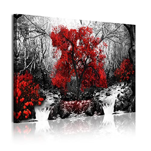 DekoArte 332 - Modernes Bild, digitalisierter Kunstdruck | Dekoratives Bild für den Salon oder das Schlafzimer | Stil Landschaft schwarz weiβ mit roten Bäumen Natur | 1 Teil 120 x 80 cm von DekoArte