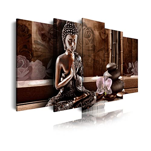 DekoArte 424 - Modernes Bild, digitalisierter Kunstdruck | Dekoratives Bild für den Salon oder das Schlafzimer |Stil Zen Feng Shui mit meditierendem Buddha in Bronzetönen | 5 Teile 150 x 80 cm von DekoArte