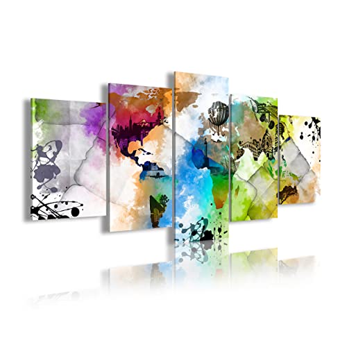 DekoArte 468 - Modernes Bild, digitalisierter Kunstdruck | Dekoratives Bild für den Salon oder das Schlafzimer | Stil Weltkarte Landkarte der Erde Städte Aquarelle | 5 Teile 200 x 100 cm XXL von DekoArte