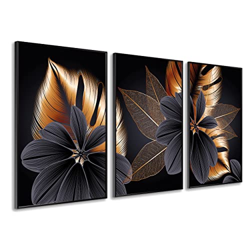 DekoArte - Bilder Wandbilder Wohnzimmer BLUMEN 50x70 cm 3 Stück - Bilder mit Rahmen schwarz im Lieferumfang enthalten von DekoArte