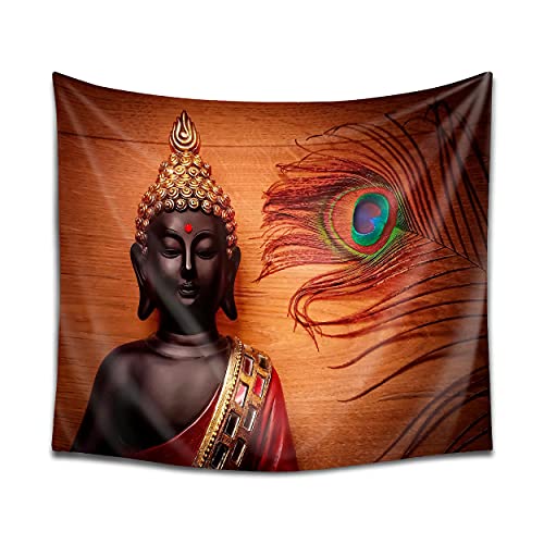 DekoArte TP31 - Moderner Wandbehang, digitalisierter Kuntdruck auf 100% Polyester, Dekoration für Salon und Schlafzimmer | Buddha-Stil auf hölzernem Hintergrund, Feder | 150 x 130 cm von DekoArte