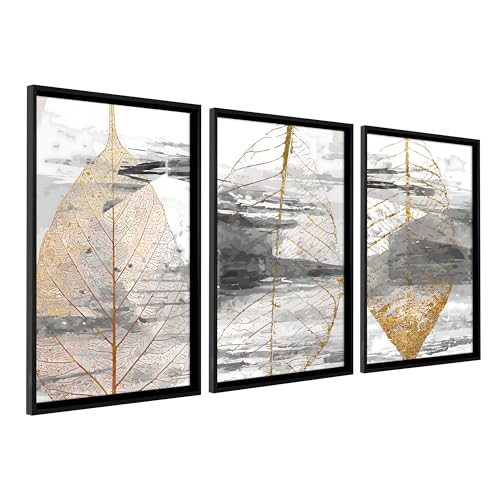 DekoArte - Tableau décoration murale salon LEAF 50x70 cm x3 pièces - Tableaux avec cadre noir inclus von DekoArte