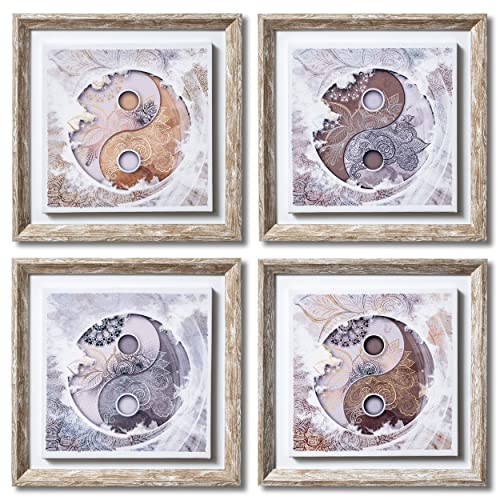 DekoArte - Wandbilder Wohnzimmer YING YANG MANDALA 30x30cm x 4-teilig - Bilderset mit Rahmen Shabby Chic von DekoArte