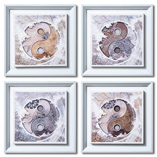 DekoArte - Wandbilder Wohnzimmer YING YANG MANDALA 30x30cm x 4-teilig - Bilderset mit Rahmen Weiß von DekoArte