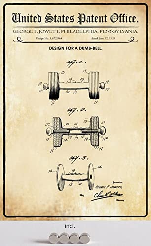 DekoDrom® Blechschild 20 x 30 cm US Patent Hantel Gewicht Bodybuilding Gym historisches Motiv mit Magnete Wand Deko Sammler Geschenk von DekoDrom