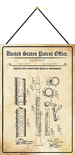 DekoDrom® Blechschild 20 x 30 cm US Patent Klarinette Instrument Musik historisches Motiv mit Kordel zum Aufhängen Wand Deko Sammler Geschenk von DekoDrom