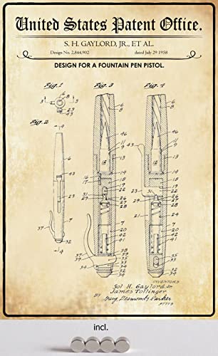 DekoDrom® Blechschild 20 x 30 cm US Patent Kugelschreiber Waffe historisches Motiv Gaget mit Magnete Wand Deko Sammler Geschenk von DekoDrom