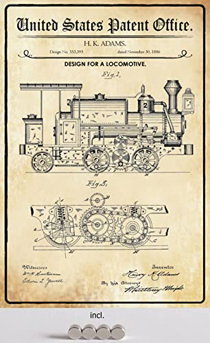 DekoDrom® Blechschild 20 x 30 cm US Patent Lokomotive Eisenbahn Dampflok historisches Motiv mit Magnete Wand Deko Sammler Geschenk von DekoDrom