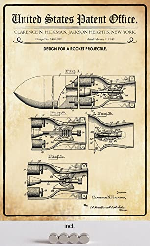 DekoDrom® Blechschild 20 x 30 cm US Patent Raketen Projektil Patrone Militär Munition historisches Motiv mit Magnete Wand Deko Sammler Geschenk von DekoDrom