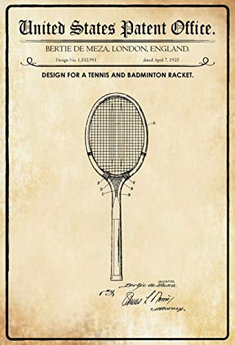 DekoDrom® Blechschild 20 x 30 cm US Patent Tennis Schläger Racket historisches Motiv Wand Deko Sammler Geschenk von DekoDrom
