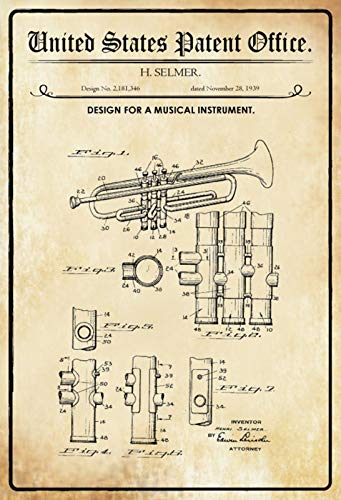 DekoDrom® Blechschild 20 x 30 cm US Patent Trompete Blasinstrument Musik historisches Motiv Wand Deko Sammler Geschenk von DekoDrom