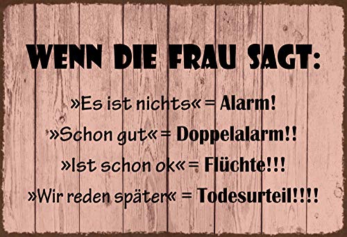 DekoDrom® Blechschild 20x30 cm Aussagen der Frau Übersetzung lustiger Spruch Beziehung Ehe Mann + Frau Dekoration Bar Kneipe Sammler von DekoDrom