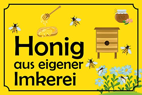 DekoDrom® Blechschild 20x30 cm Honig aus eigener Imkerei Bienen Frühstück süß gelb Tafel Wand Deko Bar Kneipe Cafe Sammler Geschenk von DekoDrom