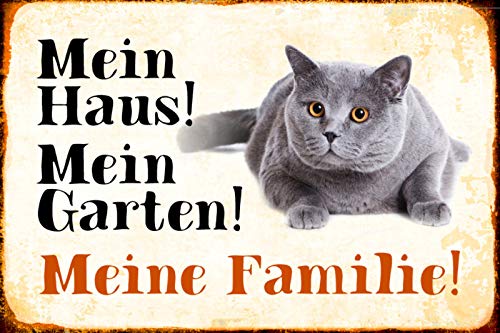 DekoDrom® Blechschild 20x30 cm Mein Haus Mein Garten Meine Familie Katze Tierliebe Spruch Tafel Britisch Kurzhaar Wand Deko Bar Kneipe Cafe Sammler Geschenk von DekoDrom