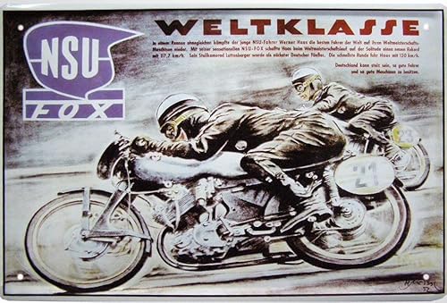 DekoDrom® Blechschild 20x30 cm NSU Fox Weltklasse Kult Motorrad Rennen Moped Plakat historisch Werbe Schild Geschenk Sammler von DekoDrom