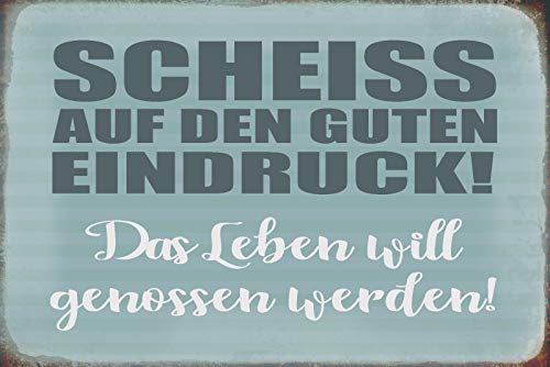 DekoDrom® Blechschild 20x30 cm Scheiss auf den guten Eindruck das Leben will genossen werden Glücklich Spruch Tafel Wand Deko Bar Kneipe Cafe Sammler Geschenk von DekoDrom