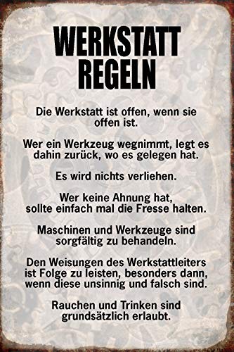 DekoDrom® Blechschild 20x30 cm Werkstatt Regeln Arbeit Hobby Spruch Tafel Wand Deko Bar Kneipe Cafe Sammler Geschenk von DekoDrom