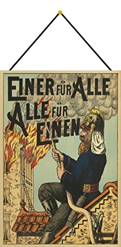 DekoDrom® Blechschild 20x30 cm mit Kordel Historisches Motiv Feuerwehr Einer für alle – alle für einen Dekoration Bar Kneipe Sammler von DekoDrom