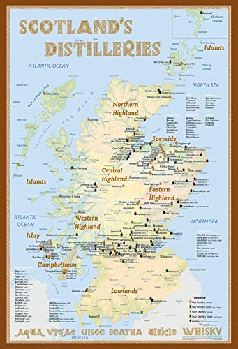 DekoDrom® Blechschild 20x30 cm wichtigste Whiskey Brennerein in Schottland mit Landkarte historisches Plakat Dekoration Bar Kneipe Sammler von DekoDrom