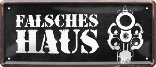 DekoDrom® Blechschild 28x12 cm Falsches Haus ! Warnung an Einbrecher Diebe Gauner Revolver Wand + Tür Schild Tin Sign 016 von DekoDrom