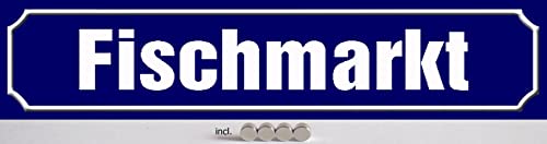 DekoDrom® Blechschild 47x10 cm Straßenschild FISCHMARKT neue Schrift im KFZ Kennzeichen Format mit Magnete Wand Deko Bar Kneipe Sammler Geschenk von DekoDrom