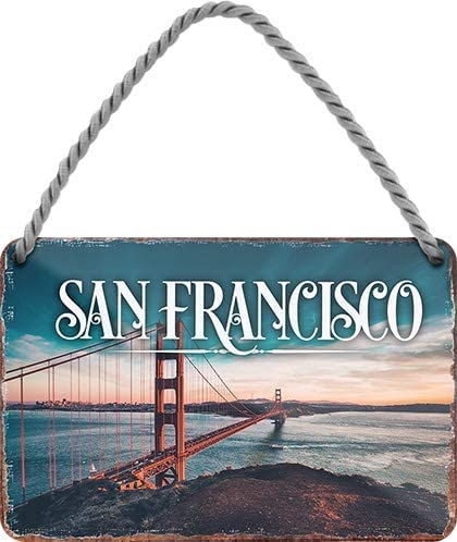DekoDrom® Hänge Blechschild 18x12 cm San Francisco Golden Gate Bridge USA Kalifornien Urlaub Deko Schild Sammler Geschenk mit Kordel + Saugnapf H008 von DekoDrom