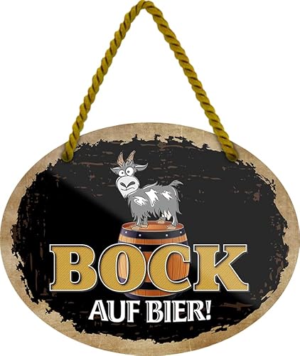 DekoDrom® Hänge Blechschild ovale Form 18x12 cm Bock auf BIER - lustige Wand Deko Bar Kneipe Pub mit Kordel + Saugnapf von DekoDrom