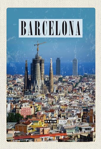 DekoDrom® Holz Schild 20x30 cm Barcelona Spanien Blick auf Stadt Wand Deko Bar Kneipe Cafe Sammler Geschenk von DekoDrom