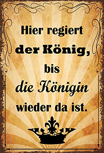 DekoDrom® Holz Schild 20x30 cm Hier regiert der König bis die Königin wieder da ist Spruch Lustig Tafel Wand Deko Bar Kneipe Cafe Sammler Geschenk von DekoDrom