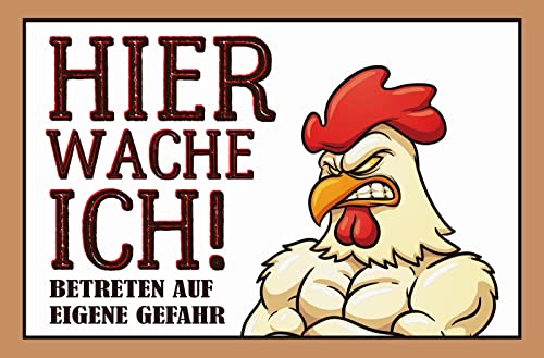 DekoDrom® Motiv Blechschild 20x30 cm Hier wache ich Hahn Gockel Warn + Hinweis Schild Hof + Garten Dekoration Bar Kneipe Sammler von DekoDrom
