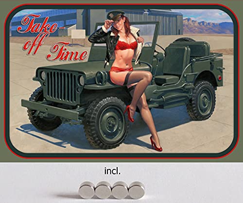 DekoDrom® Motiv Blechschild 20x30 cm mit 4 Magnete Pin up Girl mit Militär Jeep Geländewagen Auto Dekoration Bar Kneipe Sammler von DekoDrom