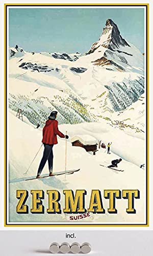 DekoDrom® Motiv Blechschild 20x30 cm mit 4 Magnete historisches Plakat Zermatt Schweiz Suisse Ski fahren Winter Sport Urlaub Dekoration Bar Kneipe Sammler von DekoDrom