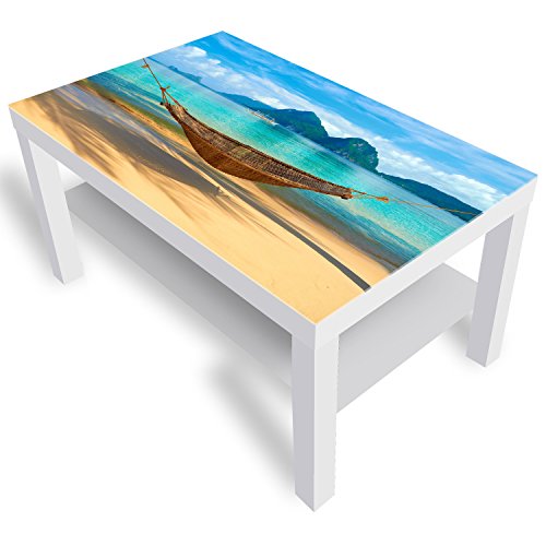 DEKOGLAS Beistelltisch Couchtisch 'Hängematte am Strand' Sofatisch mit Motiv Glasplatte Kaffee-Tisch von DEKOGLAS, 90x55x45 cm Weiß von DekoGlas