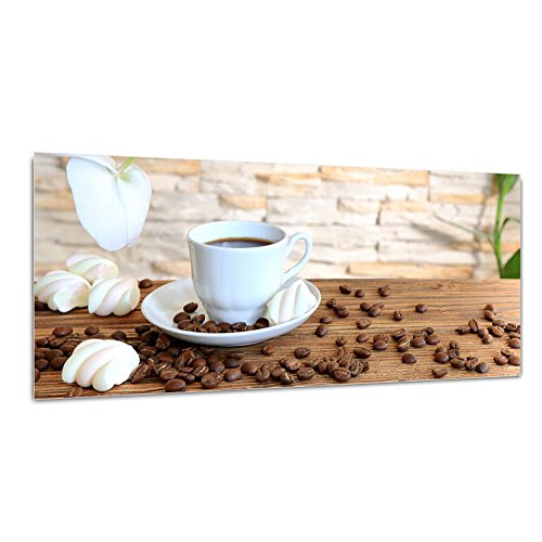 DEKOGLAS Glasbild 'Tasse Kaffee Kaffeebohnen' Echtglas Bild Küche, Wandbild Flur Bilder Wohnzimmer Wanddeko, einteilig 125x50 cm von DekoGlas