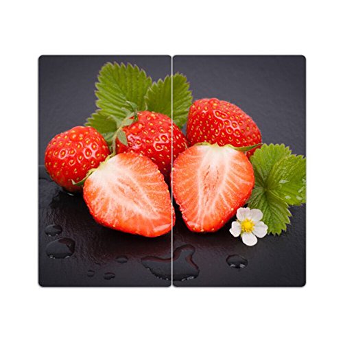 DEKOGLAS Herdabdeckplatten Set inkl. Noppen aus Glas 'Erdbeeren', Herd Ceranfeld Abdeckung, 2-teilig universal 2x 52x30 cm von DekoGlas