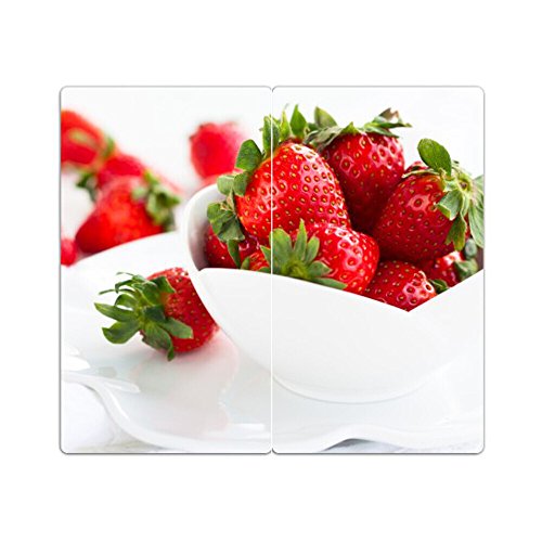 DEKOGLAS Herdabdeckplatten Set inkl. Noppen aus Glas 'Erdbeeren', Herd Ceranfeld Abdeckung, 2-teilig universal 2x 52x30 cm von DekoGlas