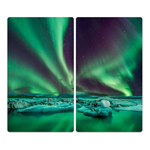 DekoGlas Herdabdeckplatten Set inkl. Noppen aus Glas 'Polarlicht Iceland', Herd Ceranfeld Abdeckung, 2-teilig universal 2X 52x30 cm von DekoGlas