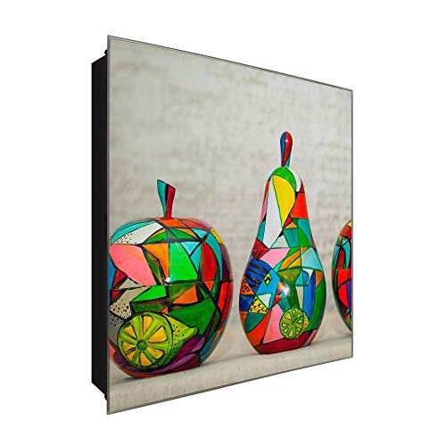 DekoGlas Schlüsselkasten 'Bunte Holzfiguren' 30x30 Glas, inkl. Haken Schlüsselbrett Schlüssel-Box Design Aufbewahrung von DekoGlas