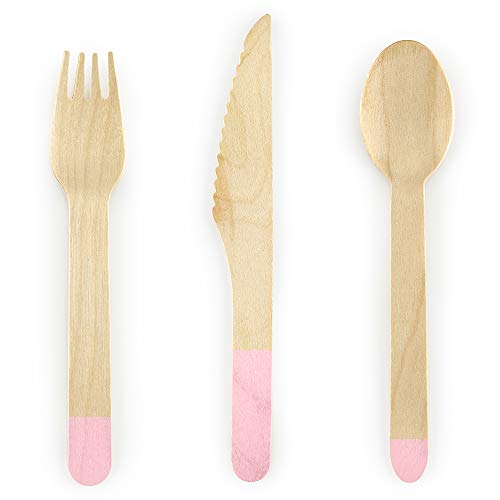 Holzbesteck mit Rosa Aufdruck 18 Elemente 16cm Einwegbesteck Umweltfreundlich Abbaubare von DekoHaus